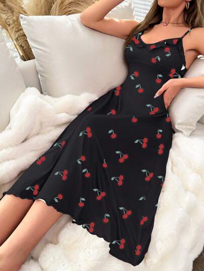 SHEIN 樱桃印花垂坠领荷叶边饰生菜下摆吊带睡衣睡裙长裙