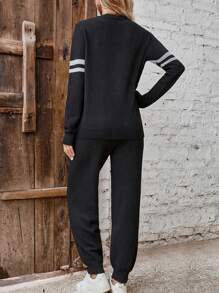 SHEIN LUNE Jersey de color combinado con patrón de rayas con pantalones tejidos - Negro - Ver 2