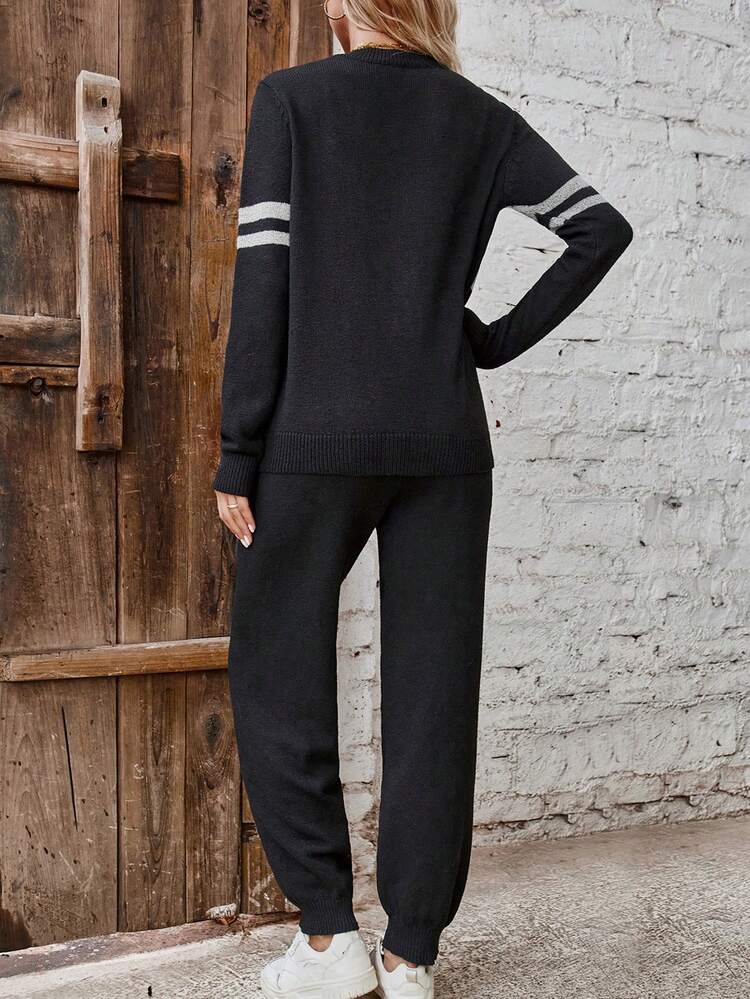 SHEIN LUNE 撞色條紋圖案套頭毛衣和針織褲 - 黑色 - 查看 2