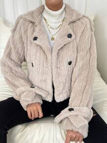 SHEIN LUNE Cổ áo Tay Raglan Áo Teddy Jackets - Màu Khaki - Xem 6