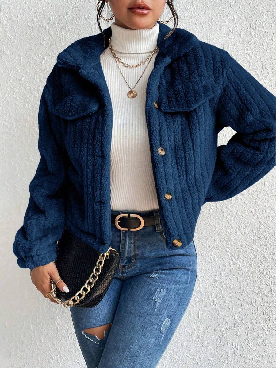 EMERY ROSE Flap Detail Button Front Teddy Jacket,Ladies Late Fall Casual Button Drop Shoulder Collar Loose Royal Blue Plain Women Jackets,Casual Daily Wear - Royal Blue - View 1
