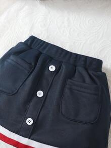 SHEIN 女婴休闲、舒适、时尚、可爱学院风彼得潘领运动衫和纽扣装饰松紧腰裙，秋冬季