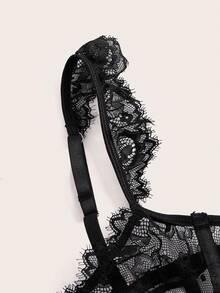 PetitDoll Lace Ruffle Trim Bra And Thong Set With Bow Decorations, Lingerie Bow Tie - Black - View 6