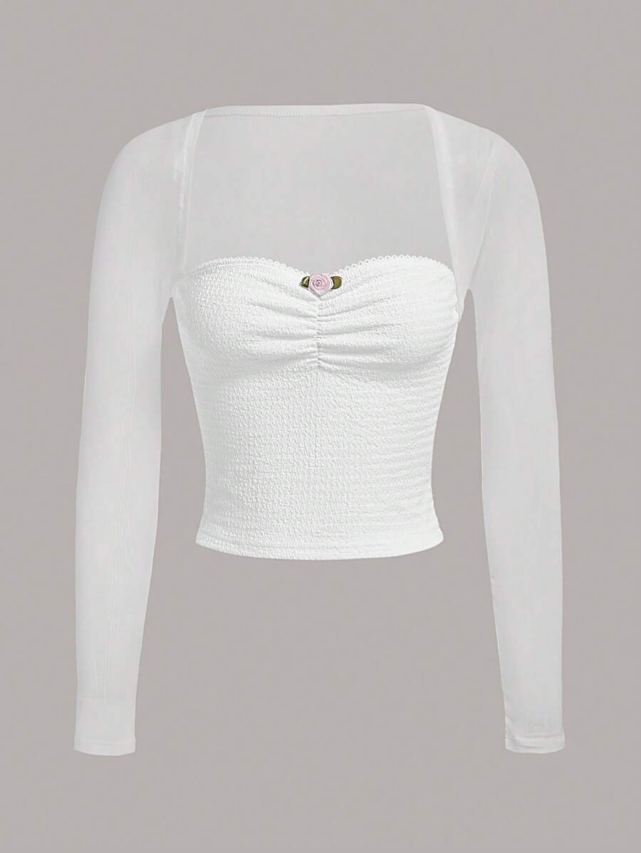 SHEIN MOD 胸部褶皺貼花細節短款T恤