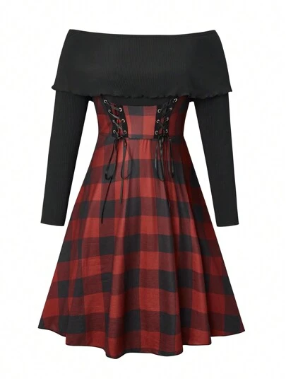 SHEIN Clasi Plus Gingham Print Off Shoulder Lace Up Front Dress