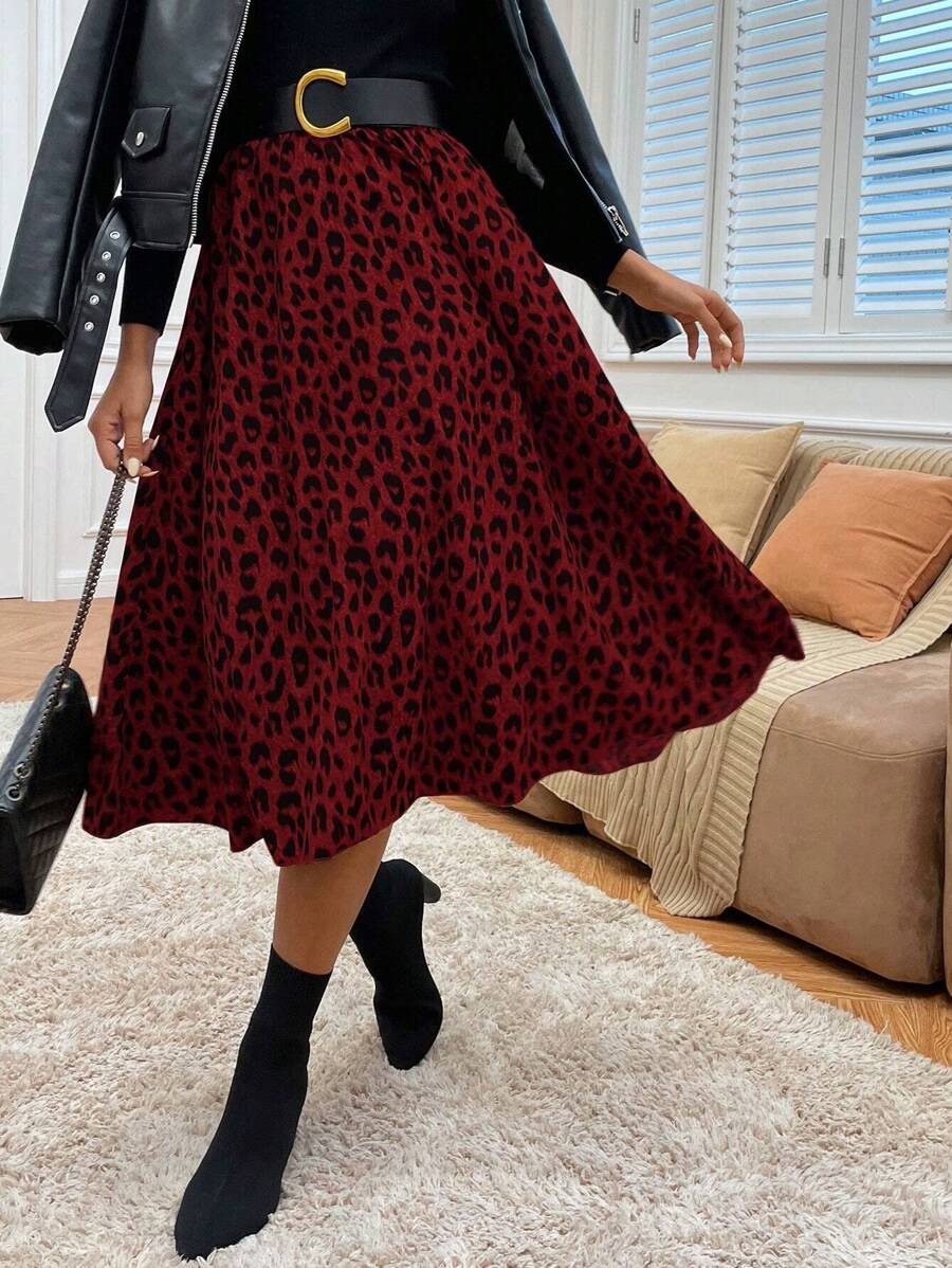 Ellegaria. Falda campana con estampado de leopardo sin cinturón para ropa de Año Nuevo - Rojo - Ver 1