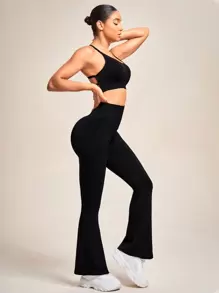 Easithlete Crisscross Backless Flare Leg Sports Set Workout Set Workout Women Setwomen Workout Set Women Leggings Set - Black - View 5