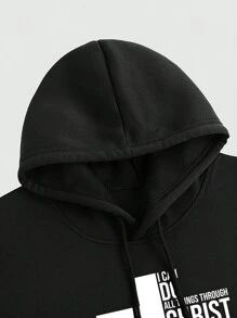 Manfinity Homme 男式大码十字印花连帽运动衫 - 黑色 - 查看 3