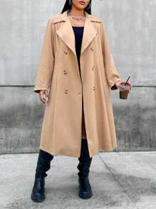 Flirla Hơn Đôi ngực Thắt lưng Áo khoác Trench - Màu Khaki - Xem 2