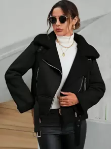 EMERY ROSE Fur & Leather Integrated Short Jacket - Black - View 5