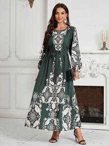 圆领长袖收腰花卉印花连衣裙 - 綠色 - 查看 6