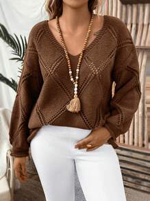 SHEIN LUNE Plus Pointelle Knit Drop Shoulder Sweater Knit Pullover Fall Winter Sweater - Khaki - View 4