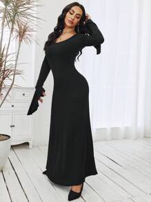 VaVaBold Solid Flounce Sleeve A-line Dress