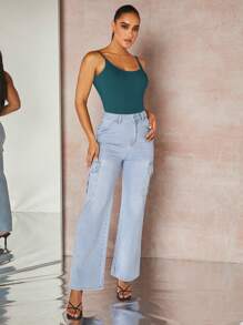 SHEIN BAE Solid Backless Cami Bodysuit - Teal Blue - View 4