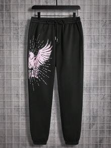 Manfinity RebelGame Men's Eagle & Letter Printed Sweatshirt With Drawstring Waist Long Pants Two-piece Set - Black - View 5