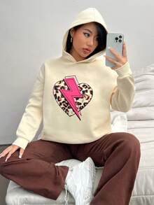 SHEIN EZwear Leopard & Lightning Print Drop Shoulder Hoodie - Beige - View 3