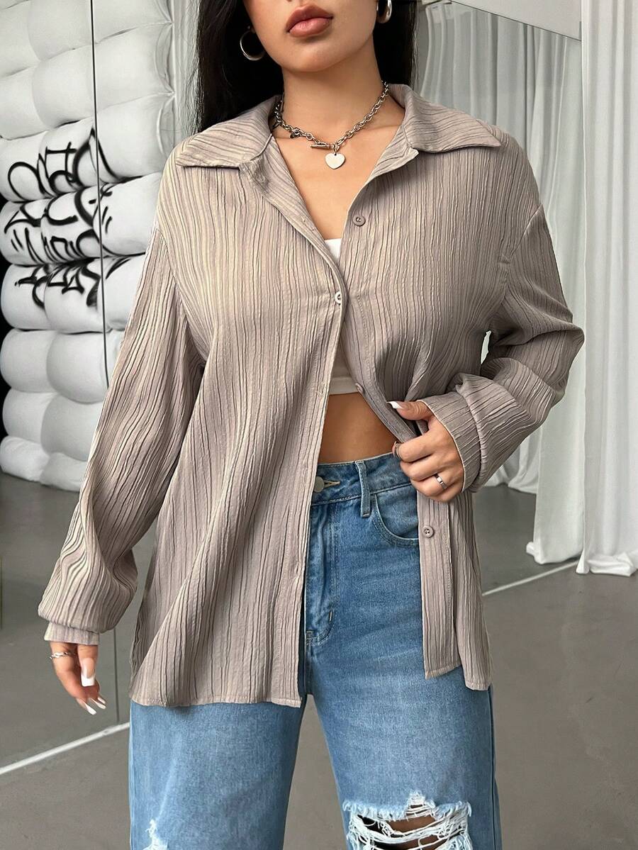 SHEIN EZwear Textured Pleated Shirt - Khaki - View 1