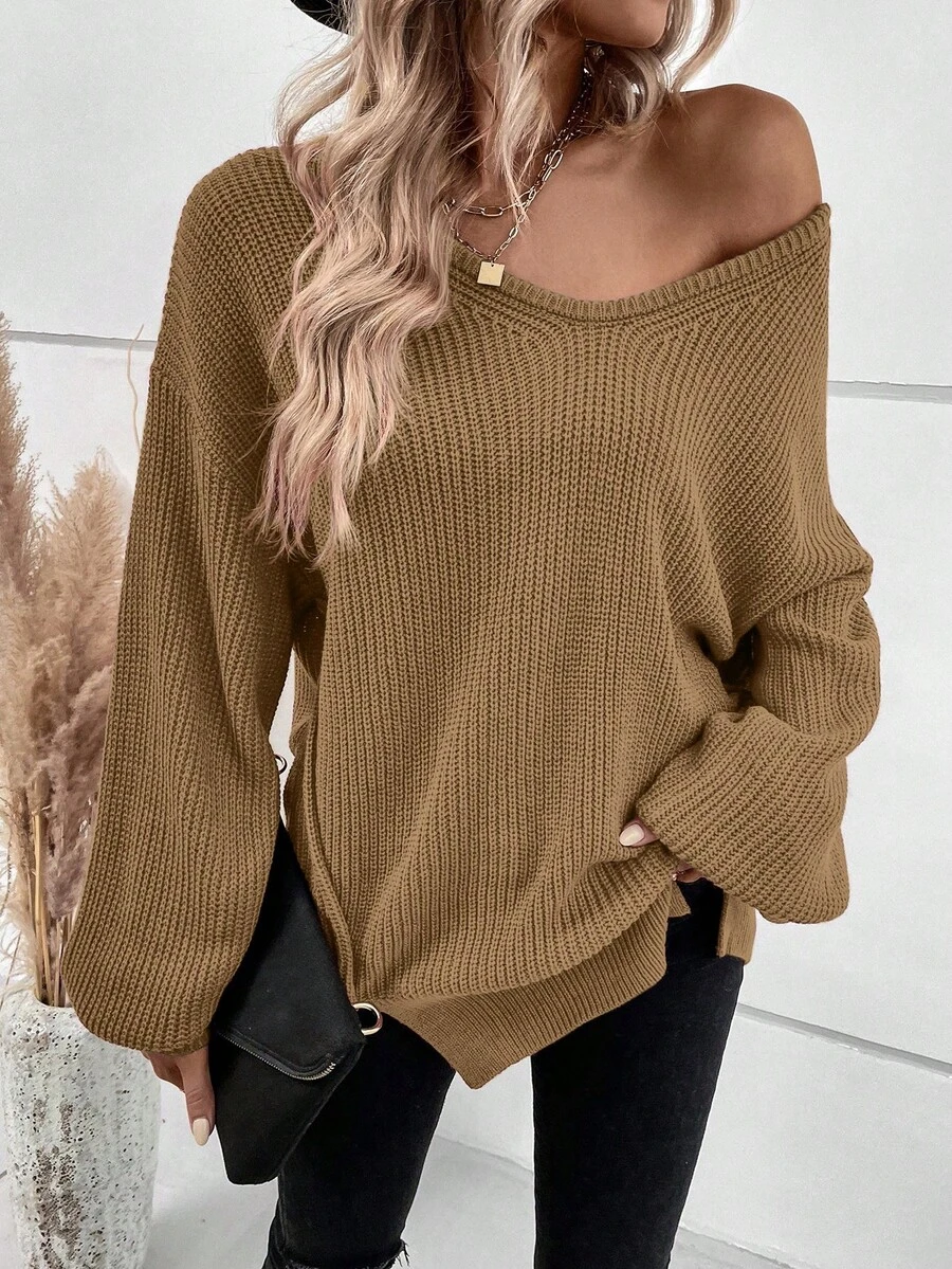 SHEIN LUNE Thả vai Viền chia cắt Áo len - Màu Khaki - Xem 1