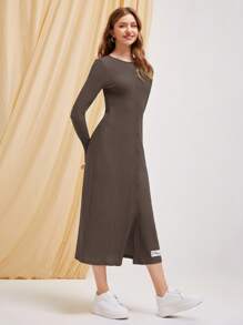 Mulvari Vestido con diseño de parche de letra girante delantero tejido de canalé - Marrón - Ver 3