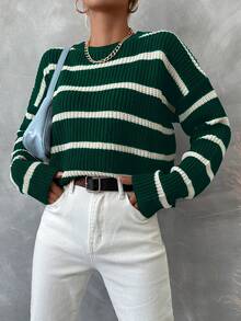EURMUSE 條紋落肩休閒毛衣 - 綠色 - 查看 4