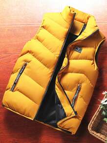 Manfinity Homme Men Letter Patched Detail Zipper Vest Padded Coat - Yellow - View 1