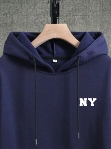 Manfinity Homme Men's Hooded Sweatshirt With Kangaroo Pocket And Drawstring, Letter Printed - Navy Blue - View 5