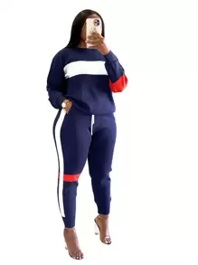 2pcs/Set Women Striped Splice Crew Neck Long Sleeve Pullover And Sweatpants, Casual Sportswear - Blue - View 1