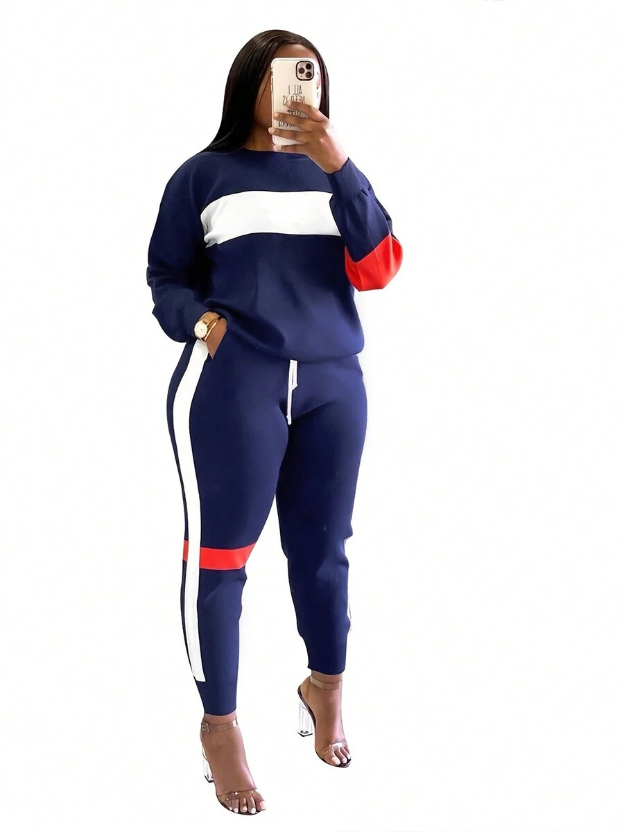 2pcs/Set Women Striped Splice Crew Neck Long Sleeve Pullover And Sweatpants, Casual Sportswear - Blue - View 1
