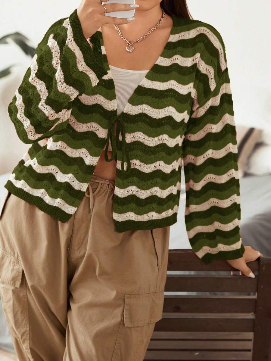 Flirla Plus Wave Striped Pattern Tie Front Drop Shoulder Cardigan - Green - View 1