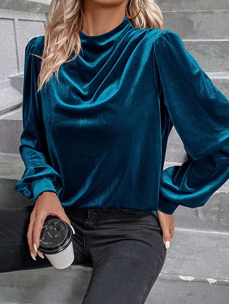 SHEIN Clasi Tay áo lồng đèn cổ áo xếp nếp Nhung Áo sơ mi - Màu xanh ngọc - Xem 1