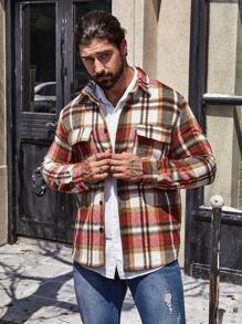 Manfinity Homme Men Plaid Print Flap Pocket Button Up Overcoat - Red - View 7