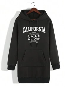 SHEIN EZwear 女性連帽搖粒絨運動衫帶字母圖案和抽繩 - 黑色 - 查看 1