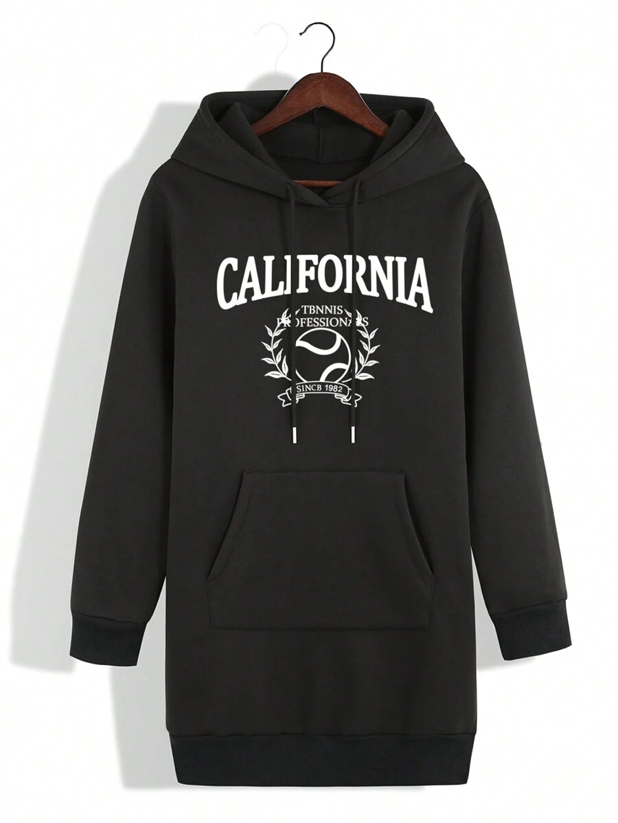 SHEIN EZwear 女性連帽搖粒絨運動衫帶字母圖案和抽繩 - 黑色 - 查看 1