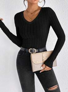 SHEIN Frenchy 秋冬季女士休闲黑色 V 领 T 恤 - 黑色 - 查看 5