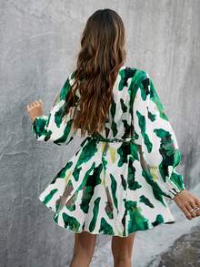 Glamaker Women's Random Printed Belted Dress - Green - View 2