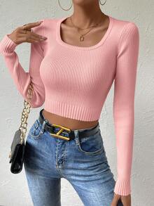 SHEIN Essnce Scoop Neck Ribbed Knit Crop Sweater - Pink - View 5