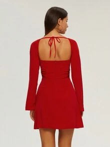 Flare Sleeve Tie Front Dress - Red - View 2