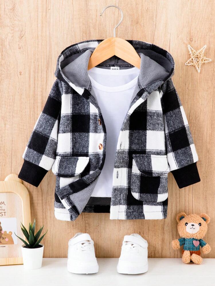 Baby Boy 1pc Buffalo Plaid Print Flap Pocket Hooded Overcoat