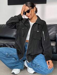 SHEIN Unity 翻蓋口袋插肩袖拉鏈開襟夾克 - 黑色 - 查看 4