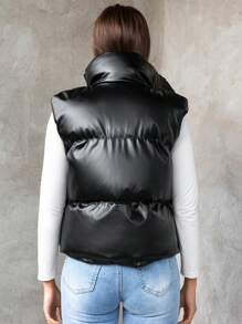 SHEIN Cottnline Zip Up Leather Look Vest Puffer Coat - Black - View 2