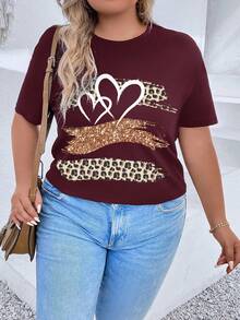 SHEIN EZwear Hơn In trái tim & Da báo Áo thun - Màu Đỏ Sâu - Xem 3