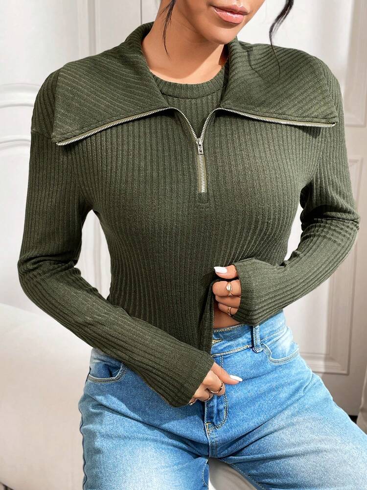 Women's Ribbed Knit Slim Fit T-shirt With Turn-down Collar