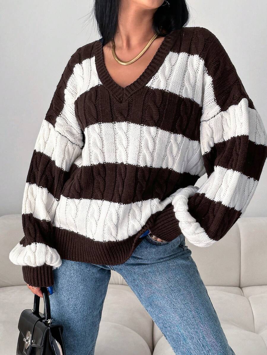 SHEIN Cottnline Two Tone Drop Shoulder Cable Knit Sweater - Chocolate Brown - View 1