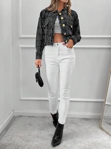 RueChic Plaid Pattern Flap Pocket Drop Shoulder Jacket - Black - View 3