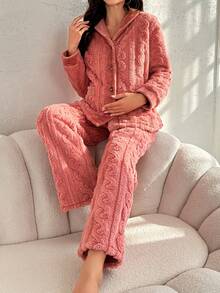 SHEIN Thai sản Thả vai Flannel Áo & Vòng eo có thể điều chỉnh Quần Bộ giản dị - Bụi hồng - Xem 5