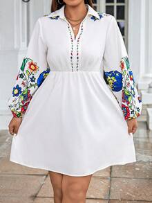 Calvaya 大碼印花燈籠袖洋裝 - 杏色 - 查看 6