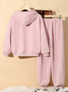 Conjunto De Dos Prendas De Punto Para Niños Con Capucha Y Estampado De Letras Casuales, Chaqueta De Color Liso Y Pantalones Abajo