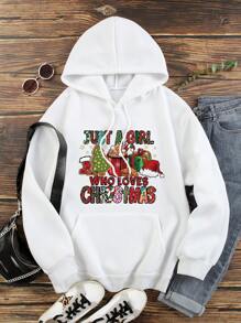 INAWLY Christmas Print Kangaroo Pocket Drawstring Thermal Hoodie - White - View 2