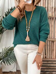 SHEIN LUNE 大碼落肩袖套頭毛衣 - 墨綠色 - 查看 5