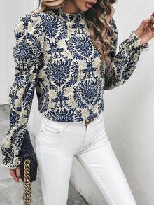 SHEIN LUNE Allover Print Mock Neck Flare Sleeve Blouse - Blue - View 4